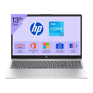 hp 15, 13th gen intel core i3 1315u (12gb ddr4, 512gb ssd) fhd, anti glare, micro edge, 15.6''/39.6cm, win11, m365 basic(1yr)* office24, silver, 1.59kg, fd0573tu, fhd camera w/shutter laptop